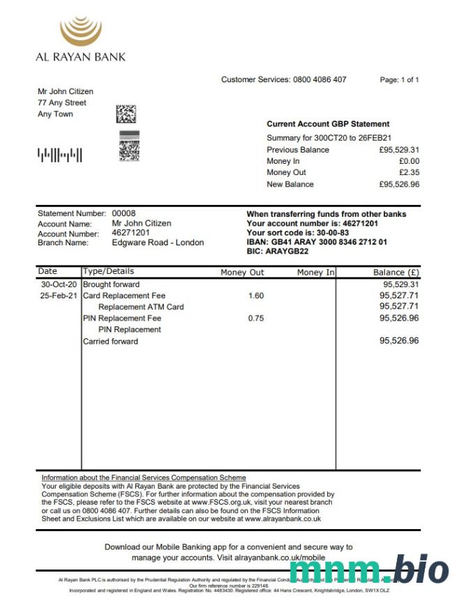 Wyciąg bankowy Absa w Wielkiej Brytanii, szablon Word i PDF, 2 strony